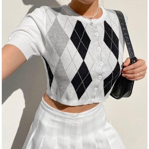 Y2K Summer Short Sleeve Button Knit Crop Top Argyle Plaid Knitted T-shirts O-neck Vintage Cardigans Aesthetic Streetwear Korean