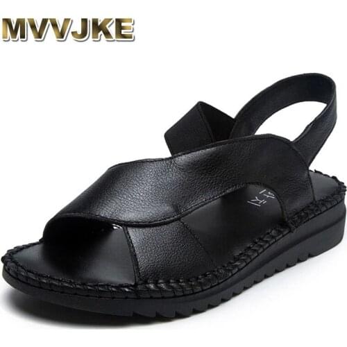 MVVJKE Solid Genuine Leather Women Flat Sandals Handmade Casual Summer Sandals Slip On Leather Shoes Woman Sandalias Mujer