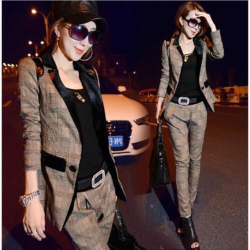 2 sets of womens spring new fashion lattice temperament small suit jacket trousers two sets of casual suit suit women