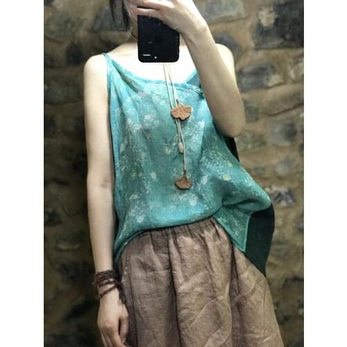 Women Summer Ramie Patchwork Camis Tanktops Ladies Vintage Print Ramie Tops Female 2021 Ramie Camis