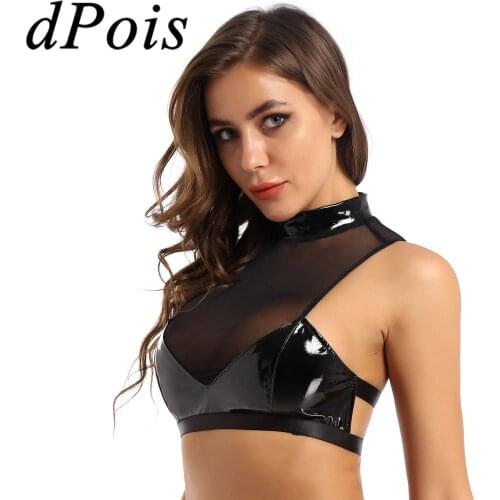 Womens Ladies Lingerie Sheer Mesh Patent Leather Splice Bra Top Female Bras Sexy Intimates Back Zip Up Unlined Wireless Braltte