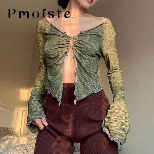Sexy Navel Crop Top Women Y2K Ruffles Slit Button Green T-shirt for Women V-Neck Flare Sleeve Vintag Crop Tops Aesthetics