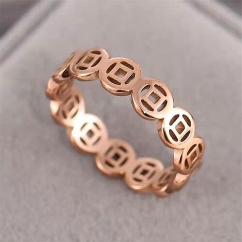 Womens Rose Gold Ring Titanium Finger Rings For Women Creative Hollow Copper Coin Geometric Rings Bijoux Anillos Bague Femme