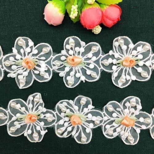 20X Latest French Fabric Pearl Rose Flower 3D Multi-Head Embroidered Lace Trim Mesh Ribbon DIY Wedding Dress Sewing Craft