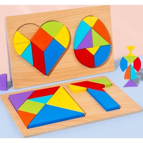 3D Wooden Puzzles Heart Egg Tangram Geometric Shape Kids Cognitive DIY Jigsaw Early Learning Homeschool Supplies Educational