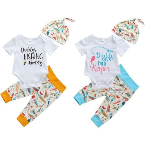 Kids Toddler Infant Baby Boys 3Pcs Outfit Set Short Sleeve Fish and Letter Print Romper+Cartoon Pants+Hat Set