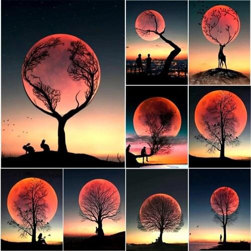 5D Diy Diamond Painting Dusk Landscape Sun Moon Tree Pictures of Rhinestone Square/round" Handicraft Mosaic Art Cross Stitch Kit