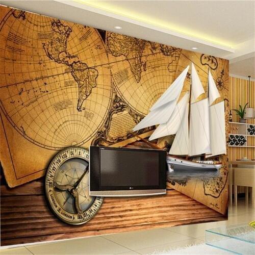 Beibehang HD 3d world map with ship murals Europe TV backdrop brick wallpaper living room bedroom muralspapel de parede