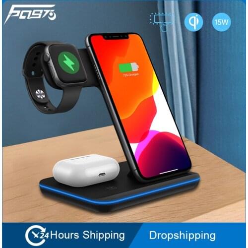 3 in 1 Wireless Charger Stand Fast Charging Dock Station for iphone Samsung Xiaomi Airpods Apple Watch LED Charge Indicator