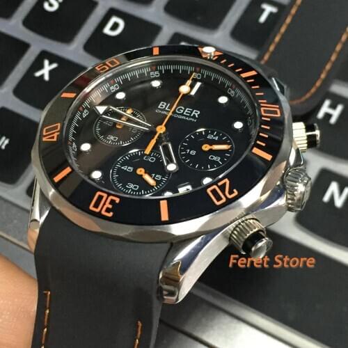 Bliger new 41mm black dial ceramic bezel silver case rubber strap sapphire glass chronograph quartz movement mens Watch