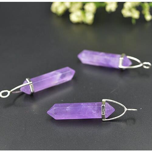 YA1424 Purple Stone Long Point Pendant Silver Crown bail 47x7mm