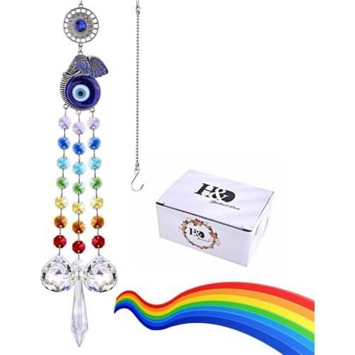 H&D Hanging Crystal Prism Suncatcher with Blue Evil Eye Elephant Protection Charm Rainbow Maker Pendant for Window Garden Decor