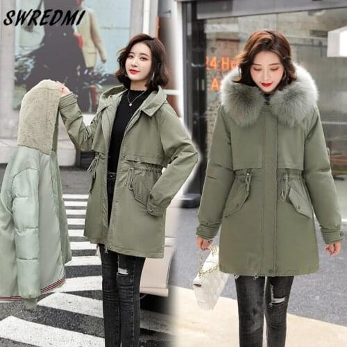 SWREDMI Thicken Warm Jackets Slim Fashion Distachable Fur Lining Coats Snow Wear Adjustable Waist Parkas Office Lady Outerwear