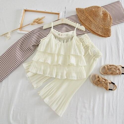 Summer Fashion Little Girls Clothing Set Chiffon Pearl Pearl Stack-up Sun-top&Wide Leg Pants Korean Cute Kids Clothes Outfits