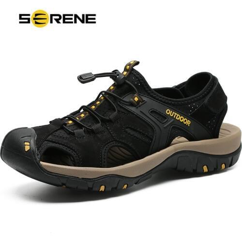 SERENE Brand Men Safety Toe Protect Sandals Top Cow Leather Breathable Mesh Sandalias 2019 High Quality Summer Beach Water Shoes