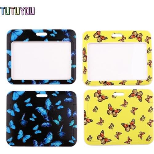 PC3172 Yellow Blue Monarch Butterfly Lanyard Card ID Holder Car KeyChain ID Card Pass Gym Phone Badge Kids Key Ring Holder