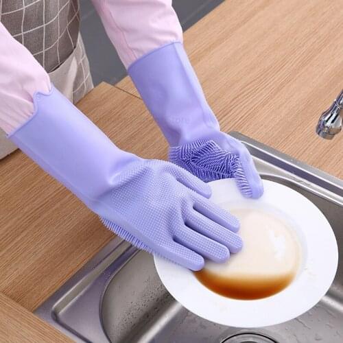 Silicone Gloves Magic Silicone Dishwashing Gloves with Scrubber Reusable Rubber Gloves for Home Kitchen Bathroom Car Washing