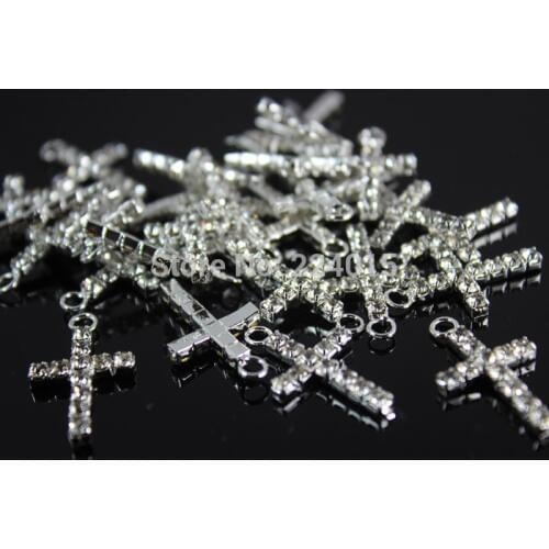 Hot New Cross Pendants 50pcs/15*26mm Silver Plated Clear Rhinestone Cross Charms Jewelry Finding For Earrings Bracelets Making