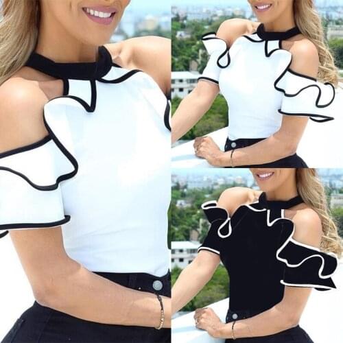 Null Women Summer Short Sleeve Slim Shirts Sexy Halter Cold Shoulder Elegant Tops Contrast Color Binding Ruffles Trim Casual