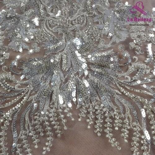 Silver wedding lace fabric,silver beads lace,gown lace,two sides hight patterns,sequins lace fabric 1 yard