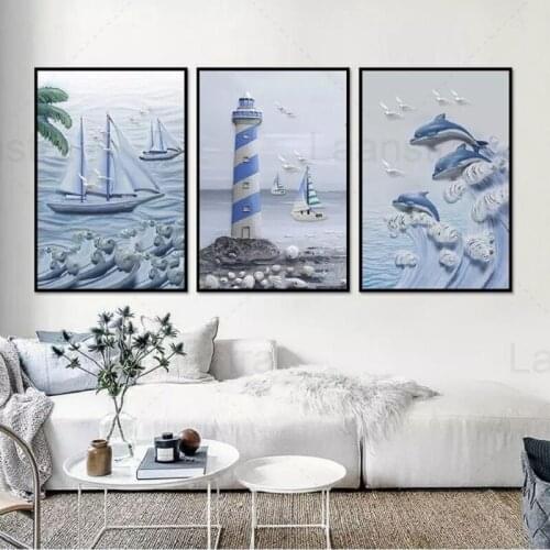 Modern Simulation 3D Canvas Painting Cartoon Dolphin Harbor Lighthouse Sailing Seascape Home Decoration HD Posters and Prints