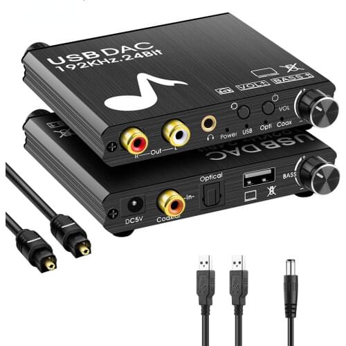 USB DAC 192kHz 24Bit Digital to Analog Converter with Bass&Volume Control Coaxial Toslink to Analog Stereo L/R RCA 3.5 mm Jack