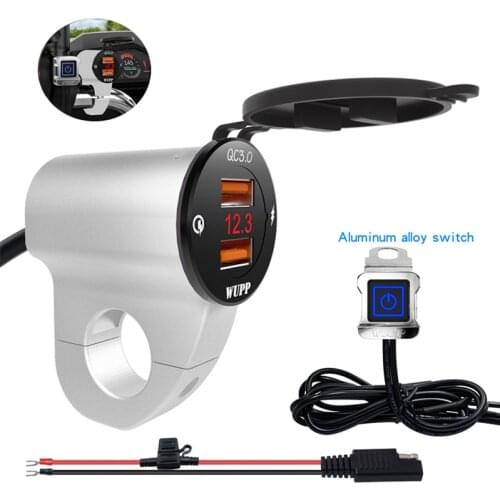 Waterproof Motorcycle Mobile Phone Charger With Aluminum Alloy Switch Silver Shell Digital Display Voltage Dual USB Fast Charge