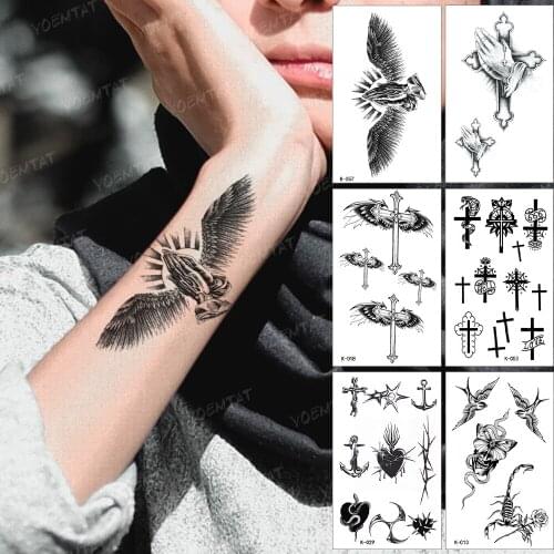 Waterproof Temporary Tattoo Sticker Hands Praying Wings Cross Bird Scorpion Black Tatoo Arm Flash Tatto Man Woman Child Tattoos