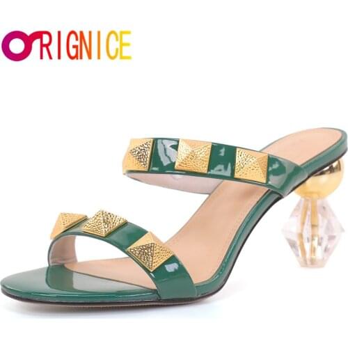 Orignice Strange High Heels Slippers Women Luxury Brand Rivets Gladiator Sandals 2021 Summer Genuine Leather Dress Prom Shoes