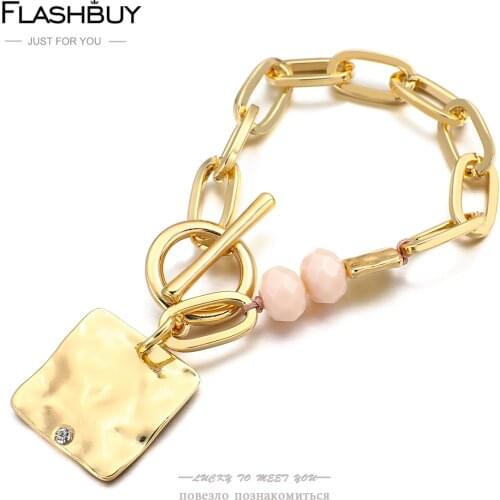 Flashbuy New Fashion Square Metal Chunky Thick Chain Charm Bracelets for Women Crystal Beads Bracelets Minimalist jewelry