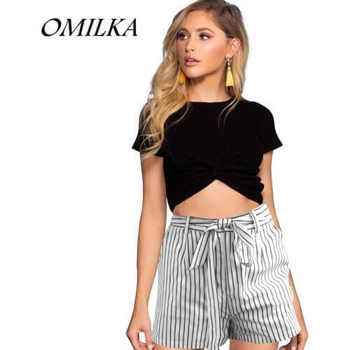 OMILKA 2018 Autumn Women High Waist Striped Printed Bandage Shorts Casual Pink Gray Blue Club Party Ladies Shorts Trousers