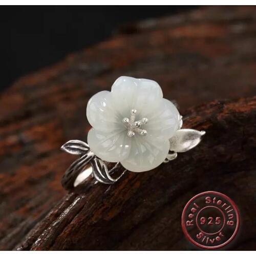 Amxiu 925 Sterling Silver Adjustable Open Rings Natural Stone Flower Ring Women Jewelry For Wedding Rings Accessories Bijoux