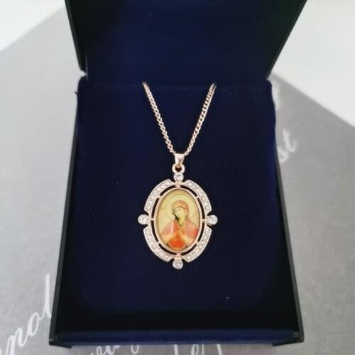 Religion Orthodox Pendant Necklace For Women Kazan Icon Of The Mother Of God Rhinestone Resin Patch Neck Chain Jewelry Collier