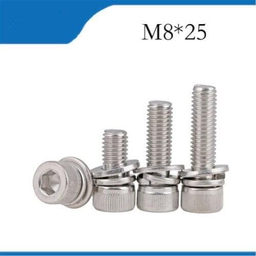 3pcs M8*25mm 304 Stainless Knurled Thumb Head Inner Hex Bolt Hexagon Washer Sems Assembly Screw combination m8 bolts,m8 nails