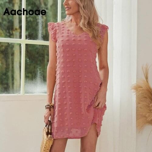 Aachoae Women Casual Pink Color Chiffon Dresses Chic V Neck Sleeveless Boho Mini Dress Fashion Female Summer Party Dresses