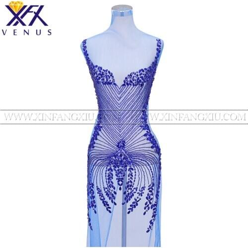 XFX VENUS 1 Piece Handmade Royal blue Rhinestones applique Large bodice patches trimming motif for women Dress Fabric garment