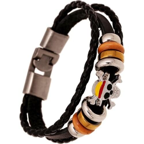 Multi-layers Handmade Straw-Hat-Pirates Bracelets Braided Leather Bracelet For Men Male Hand Jewelry One-Pieces Jolly Flag