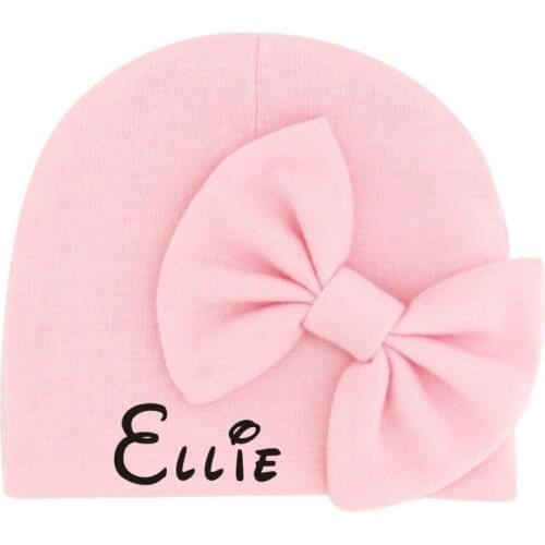 Personalized Name Pink Baby Girl Beanie Hat Newborn Baby Stretchy Hat with BOW Custom Monogram Baby Girl Turban Hospital Cap