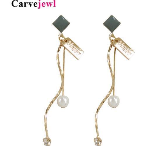 Carvejewl Top Quality Spiral Metal long Earrings For Women Daily Party Jewelry enamel Square Happy TAG simulated pearl earrings