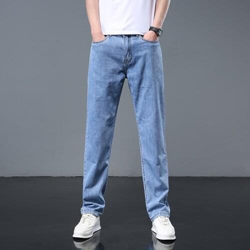 2021 Summer Mens Fabric Jeans Classic Style Loose Fit Straight Elastic Business Comfortable Pants Male Light Blue Black Trousers
