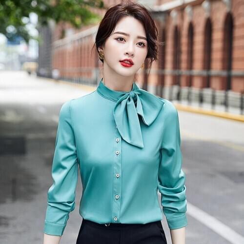 IZICFLY Autumn Spring New Style Green White Tops For Women Fashion Bow Work Korean Shirt Slim Office Business Blouse Plus Size