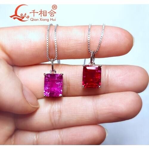Emerald shape 925 silver red and pink color Artificial ruby 8x10mm with inclusions stone Jewelry for Pendant Necklace