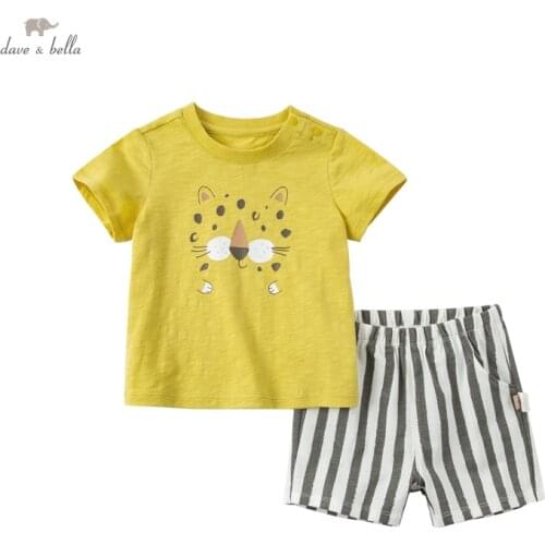 DBW18345 dave bella baby boys summer casual cartoon striped clothing sets kids boy fashion short sleeve sets children 2 pcs suit