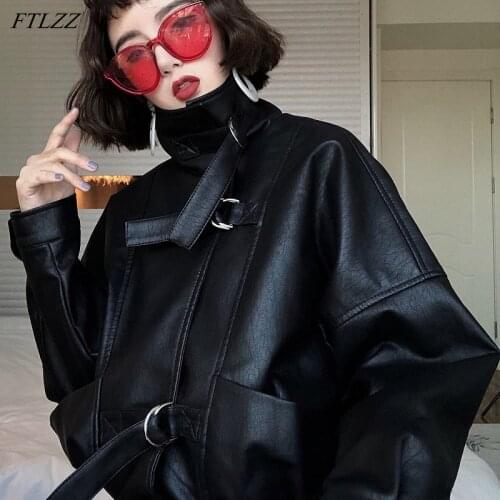 FTLZZ New Oversize Women Faux Leather Jacket Batwing Sleeve Moto Biker Short Zipper PU black Jacket Spring Street Leather Coats