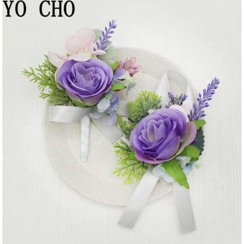 Ribbon Corsage Bracelets Bridesmaids Flower Boutonniere Groomsman Wedding Silk Roses Purple Wedding Witness Marriage Accessories