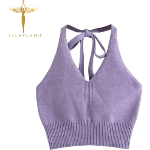 Halter V-Neck Tank Top Womens Summer Sexy Rib Knitwear Camisole Skinny Sleeveless Bottom Crop Top Female Solid Color Tank Vest