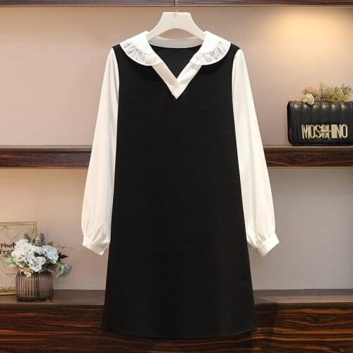 Plus Size Women Sweet Office Dress 2020 New Cute Ruffle V-neck Long Sleeve Patchwork Loose Casual Ladies A-Line Dresses L-4XL