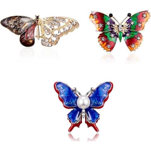 Trendy Crystal Colorful Butterfly Brooch Pin 3 Style Rhinestone Double Pearl Half Hollow Butterfly Brooch Wedding Jewelry Gift