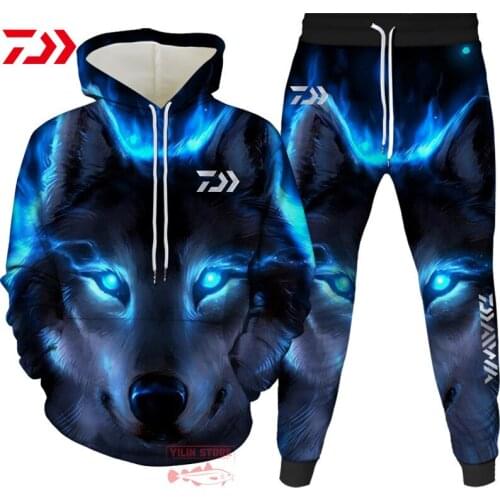 Daiwa Mens Fishing Hoodies New Animal Fishing Art Outdoor Fishing Clothes Wolf Series 3D Print Hoodies/Sweatshirt/Jacket/Suit