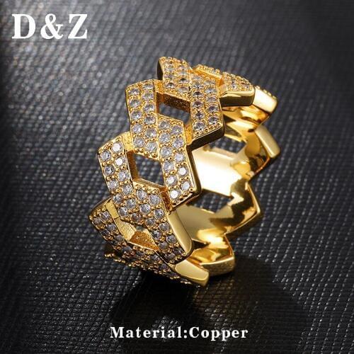 D&Z Iced Out Ring AAA+ CZ Cuban Chain Ring Men Prong Setting Zircon Anillo Hombre For Men Hip Hop Rapper Jewelry